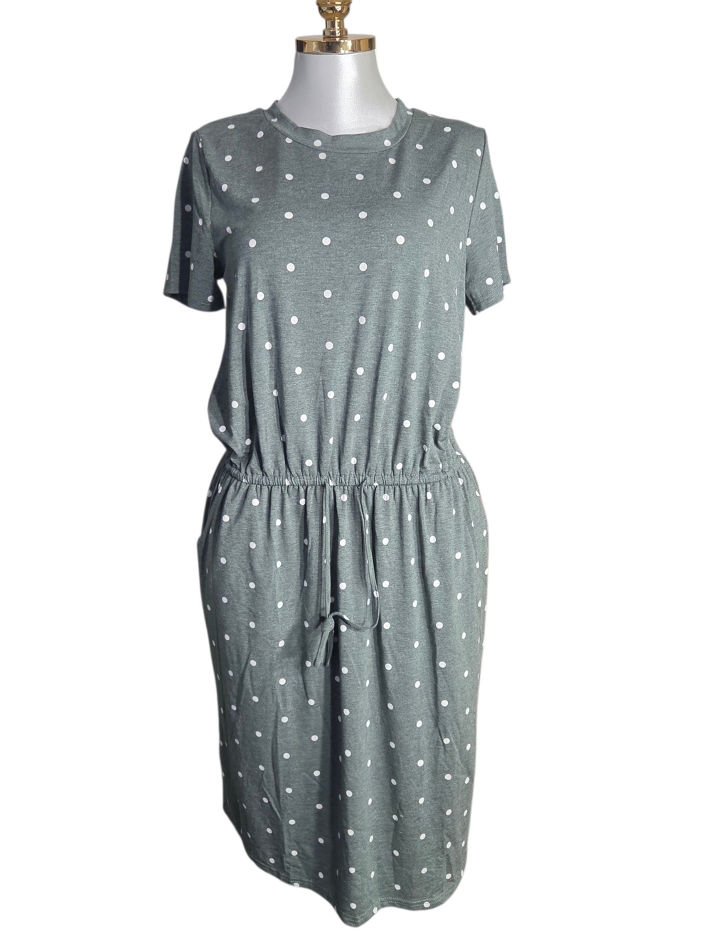 Polka Dot Drawstring Midi Dress in Sage Green. Size L